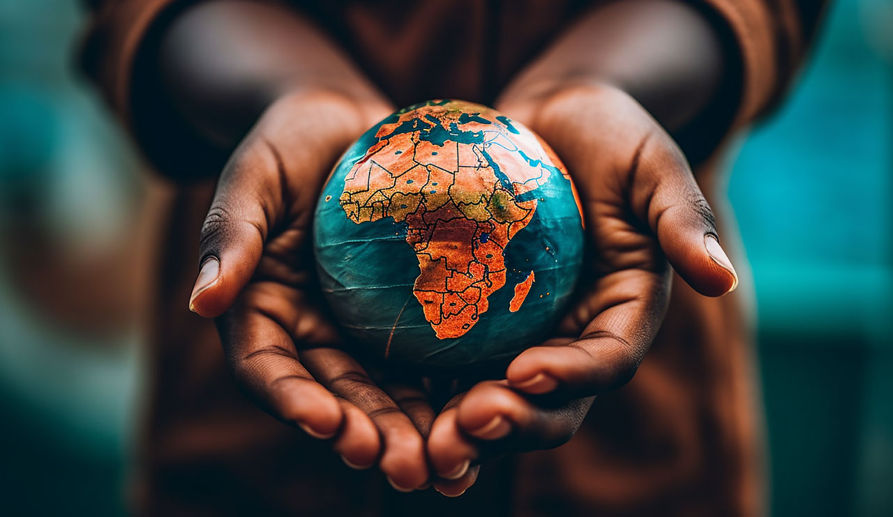 Mãos femininas segurando um globo mostrando o continente africano