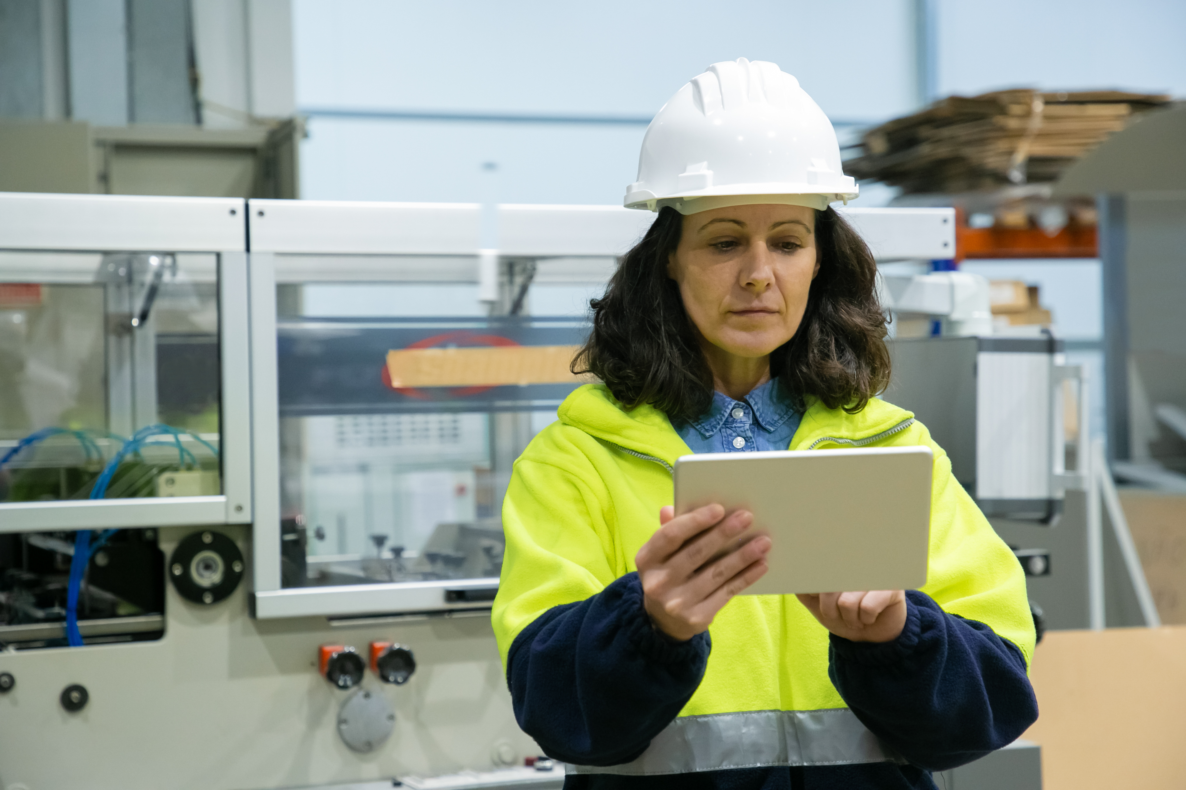 Mulher madura em uma fábrica, com uniforme e capacete, usando um tablet.